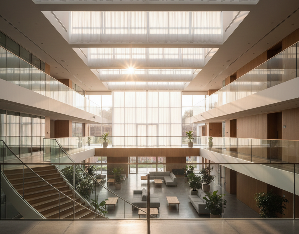 Atrium with skylight flooding natural light into a contemporary building interior