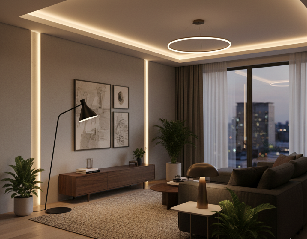 “Interior lighting design showing ambient, task, and accent lighting layers