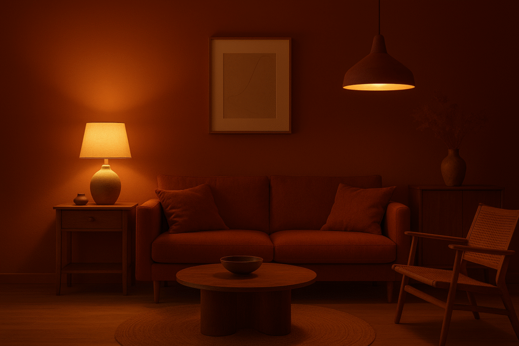 Modern living room with red accent wall creating a vibrant and energetic atmosphere.