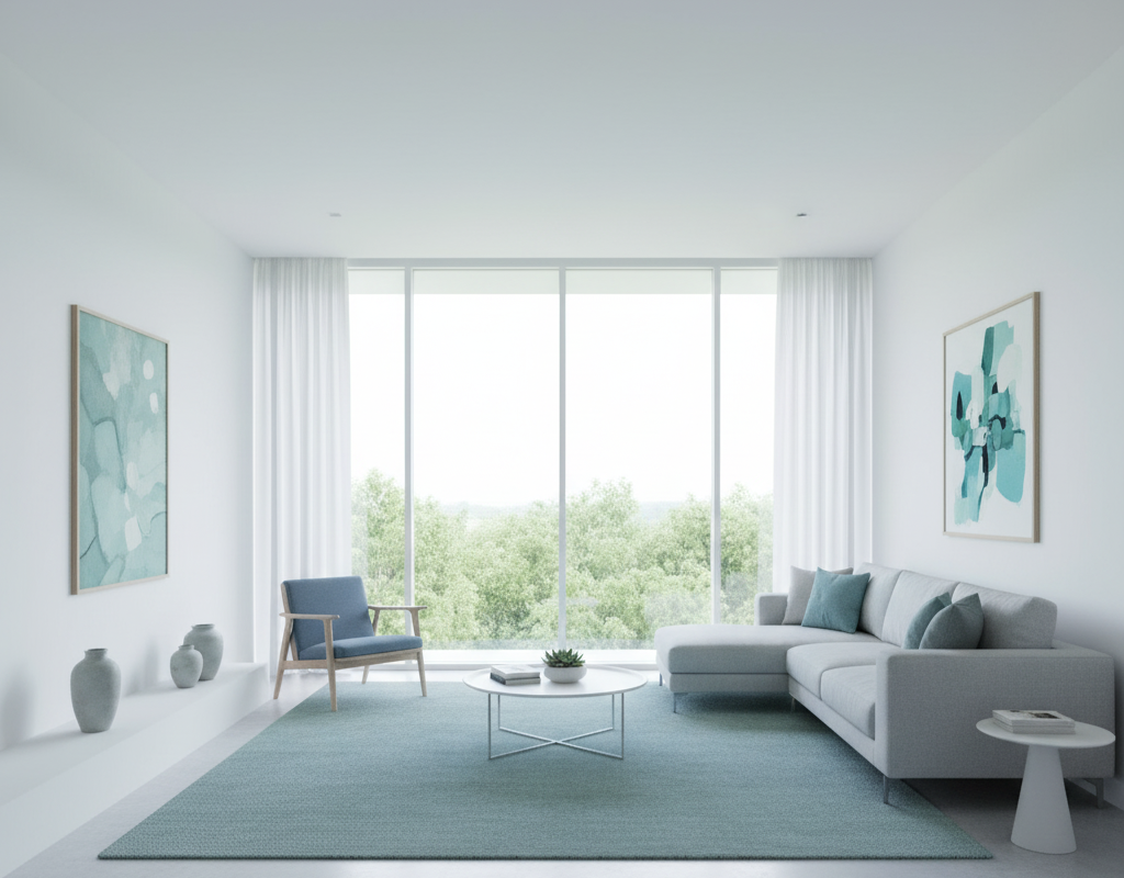 Bedroom interior with soft blue tones promoting calmness and relaxation