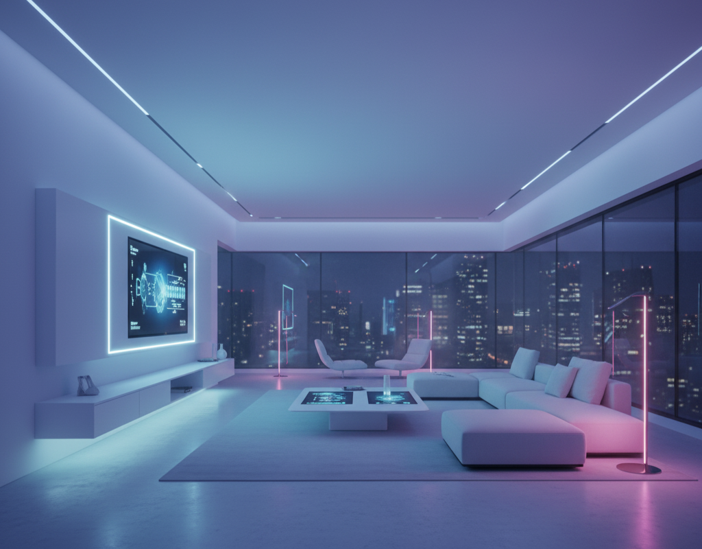 “Smart LED lighting system in modern architecture with automated dimming controls.”