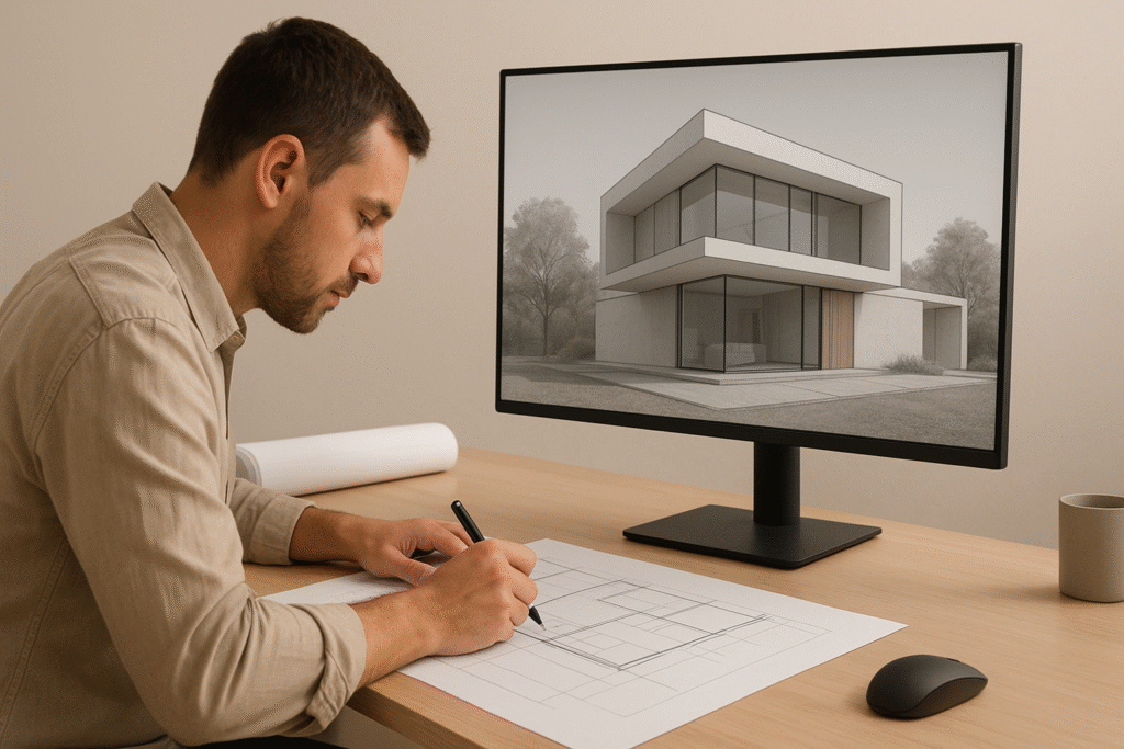 Architect designing a minimalist modern building using digital tools.