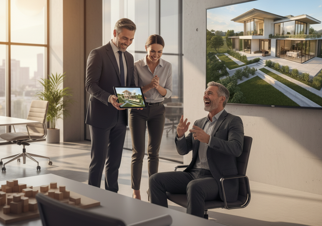 Architect watching a 3D Architectural Animation of a modern building