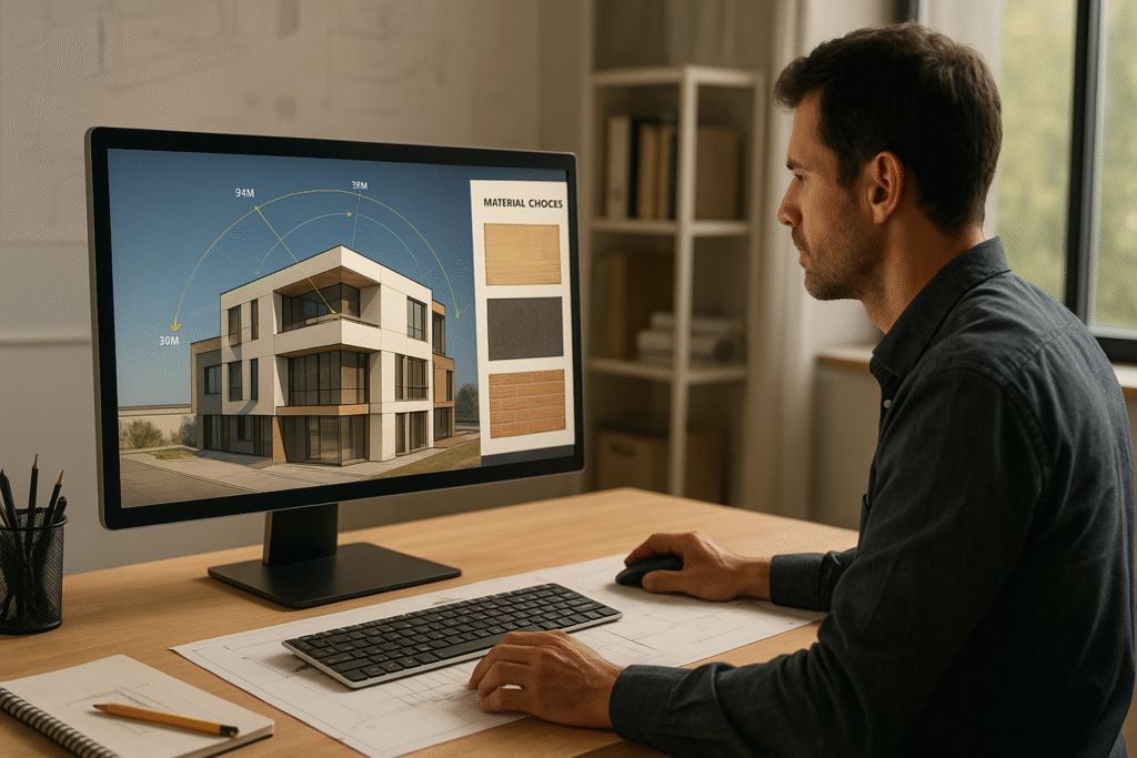 Architect using 3D visualization for decision-making and solar analysis