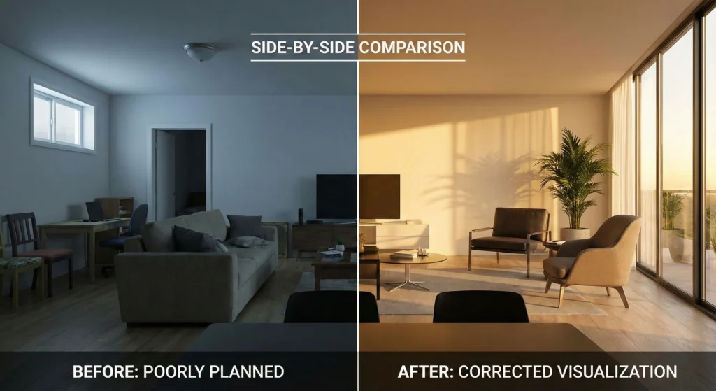 3D rendering of modern living room layout