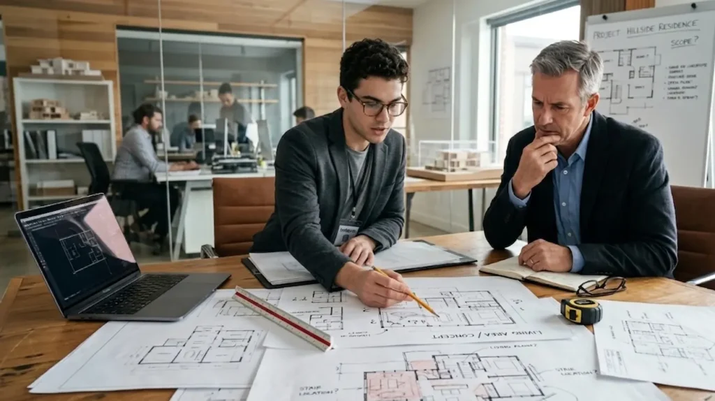 Architect and homeowner discussing house design budget mistakes in floor plan planning